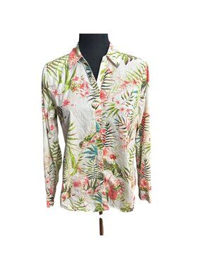 Chico's Shirt Size 0 S Floral Hawaiian Roll Tabb Sleeve Button Up White Pink